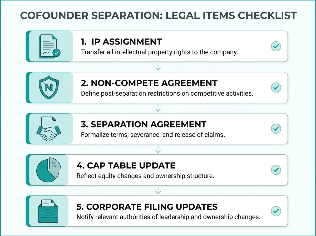Checklist diagram showing key legal items to address during a cofounder breakup: IP assignment, non-compete, separation agreement, cap table update, and corporate filings