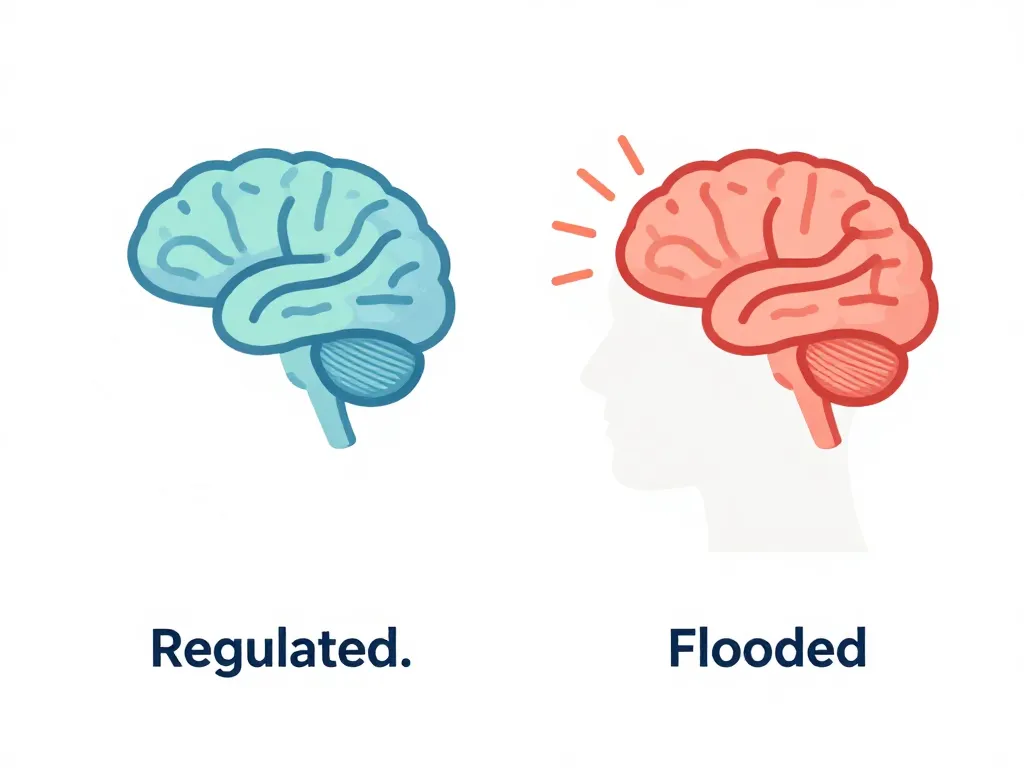 Illustration comparing a regulated brain with connected prefrontal cortex and amygdala versus a flooded brain with a disconnected stress response, showing how emotional hijacking works during conflict
