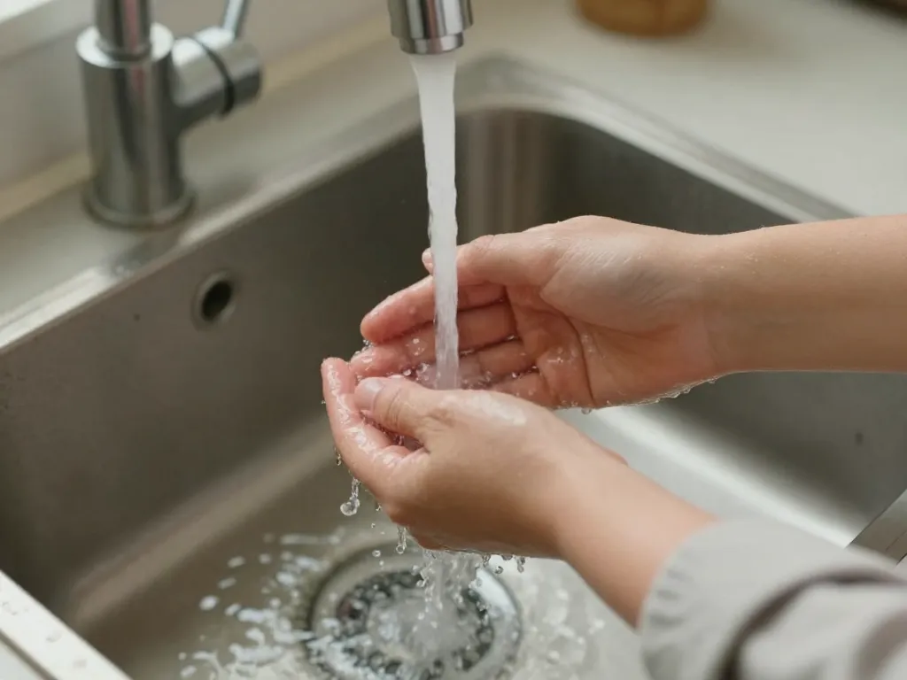 Hands under cold running water from a kitchen faucet, demonstrating a quick physical regulation technique to calm the nervous system during a stressful co-parenting moment