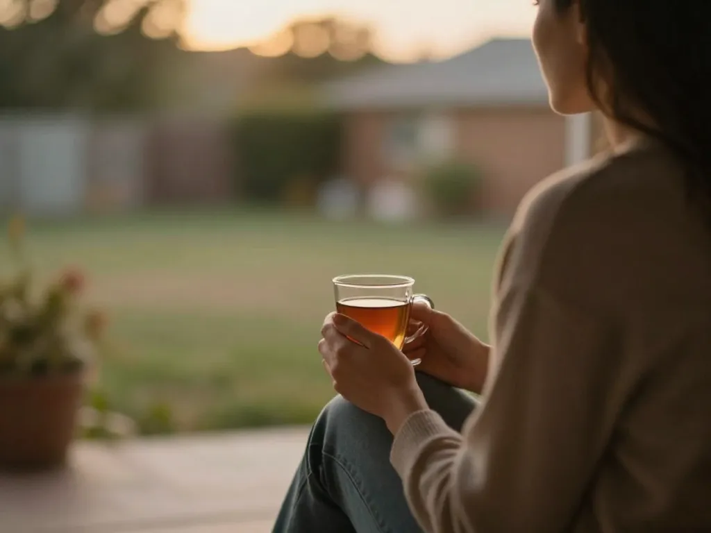 A parent sitting quietly on porch steps holding a cup of tea during golden hour, reflecting after a co-parenting conversation, conveying calm self-compassion and resilience