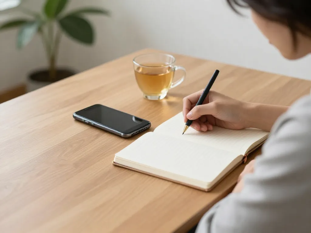 A person pausing to write in a notebook instead of immediately responding to a phone message, illustrating the 90-minute rule for co-parenting de-escalation