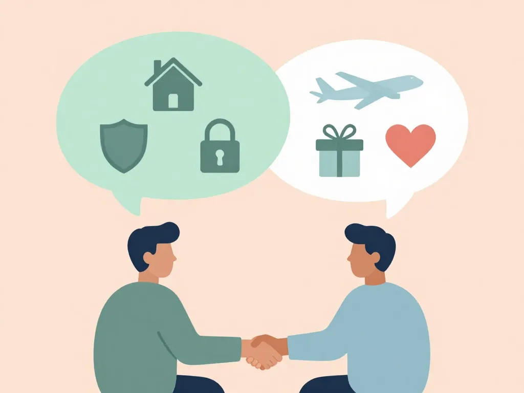 Illustration of two thought bubbles overlapping, showing different money values like security and freedom merging together