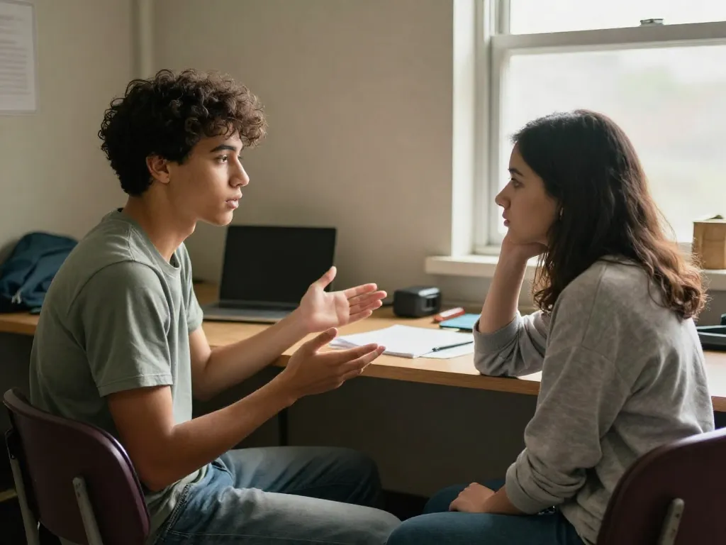 Two college roommates having a calm face-to-face conversation in their dorm room