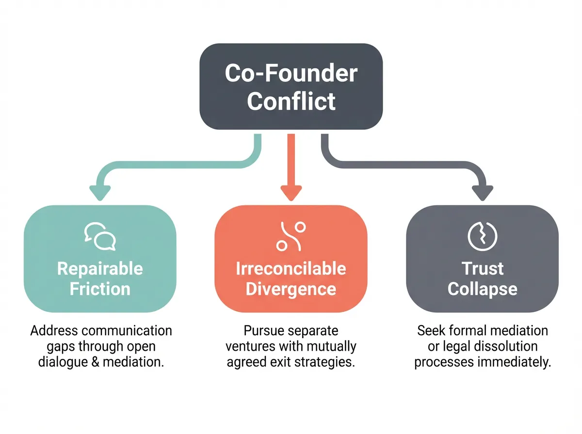 Diagram showing three types of co-founder conflict: repairable friction, irreconcilable divergence, and trust collapse