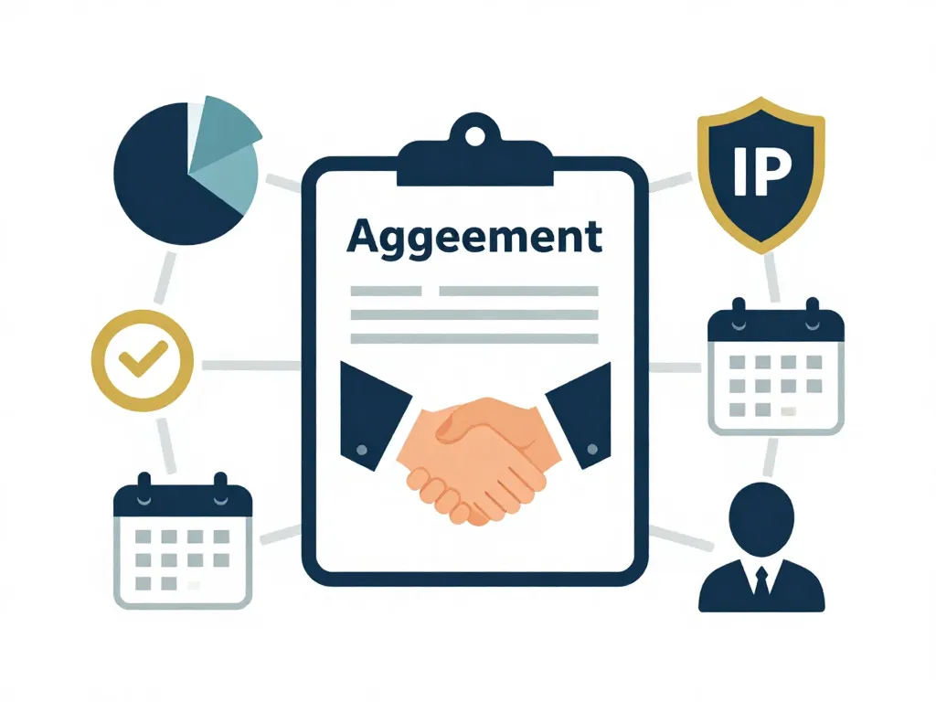 Illustration showing the key components of a co-founder separation agreement including equity, IP, and transition terms