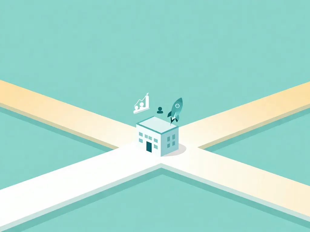 Illustration of two paths diverging from a startup, representing a cofounder breakup where the company continues to grow