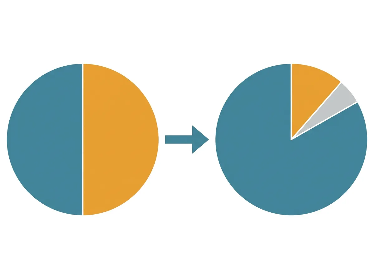 Diagram showing equity restructuring during a cofounder departure, from a 50-50 split to a revised ownership structure with an option pool