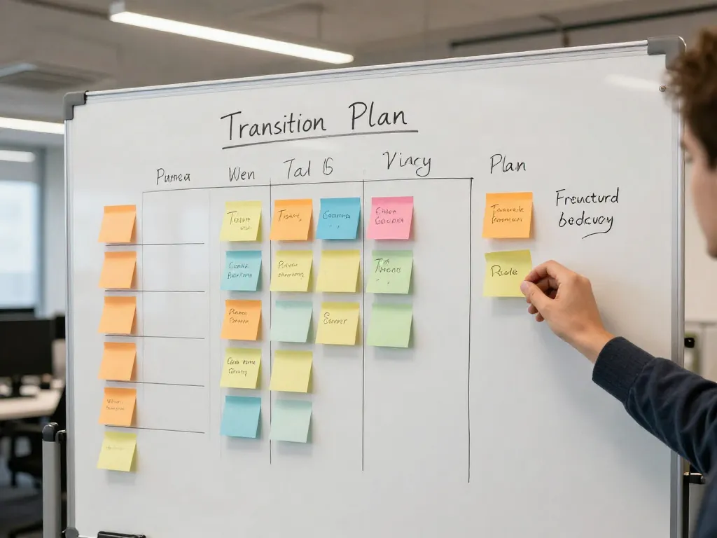 A transition planning whiteboard with sticky notes and timelines in a startup office, representing operational continuity planning during a cofounder departure