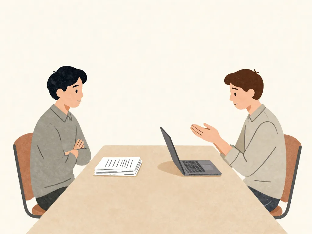 Illustration of two cofounders sitting at opposite ends of a table with documents between them during a difficult conversation