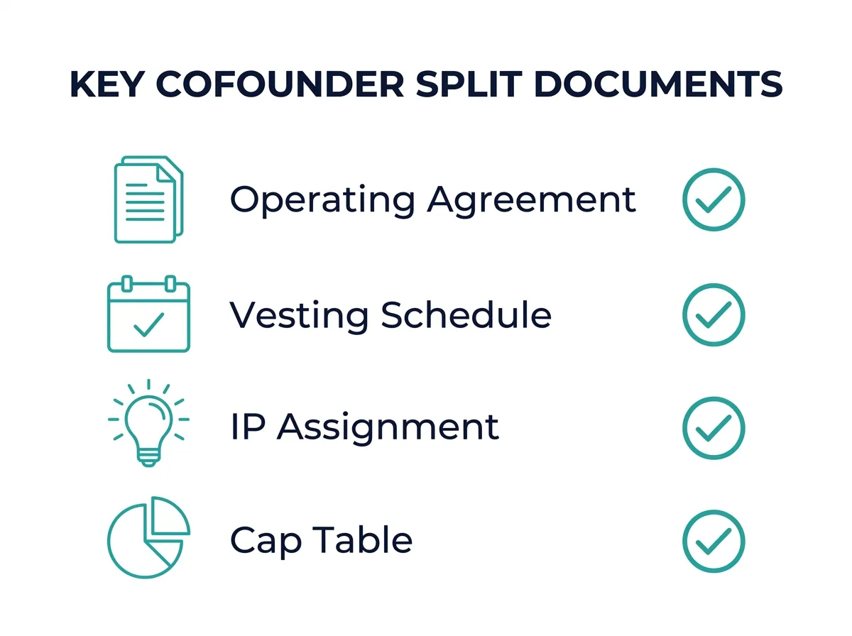 Infographic checklist showing the four essential legal documents needed during a cofounder breakup: operating agreement, vesting schedule, IP assignment, and cap table