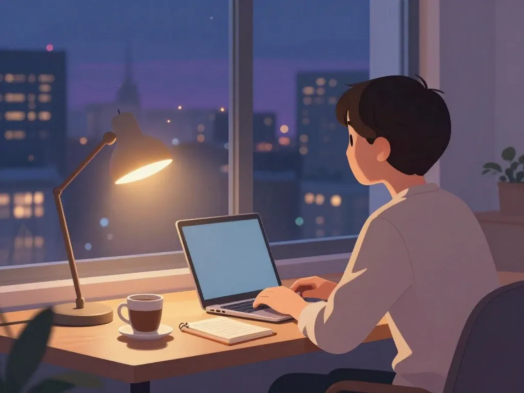 Illustration of a founder sitting alone at a desk at night, reflecting during a cofounder transition, with a city skyline visible through the window