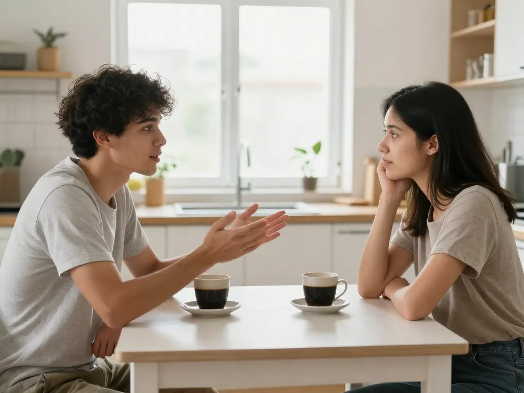 Two roommates having a calm face-to-face conversation at a kitchen table with coffee mugs