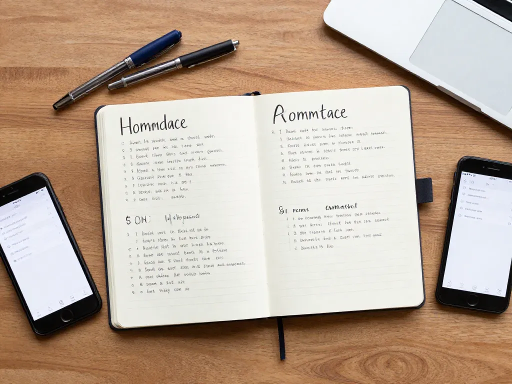 Overhead view of a notebook with written roommate agreements alongside a phone and pens on a wooden table