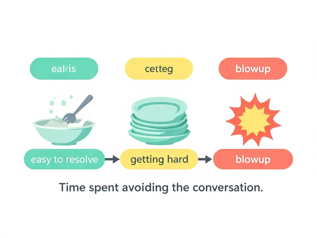 Illustration showing how roommate conflicts escalate over time when conversations are avoided, from small issue to blowup