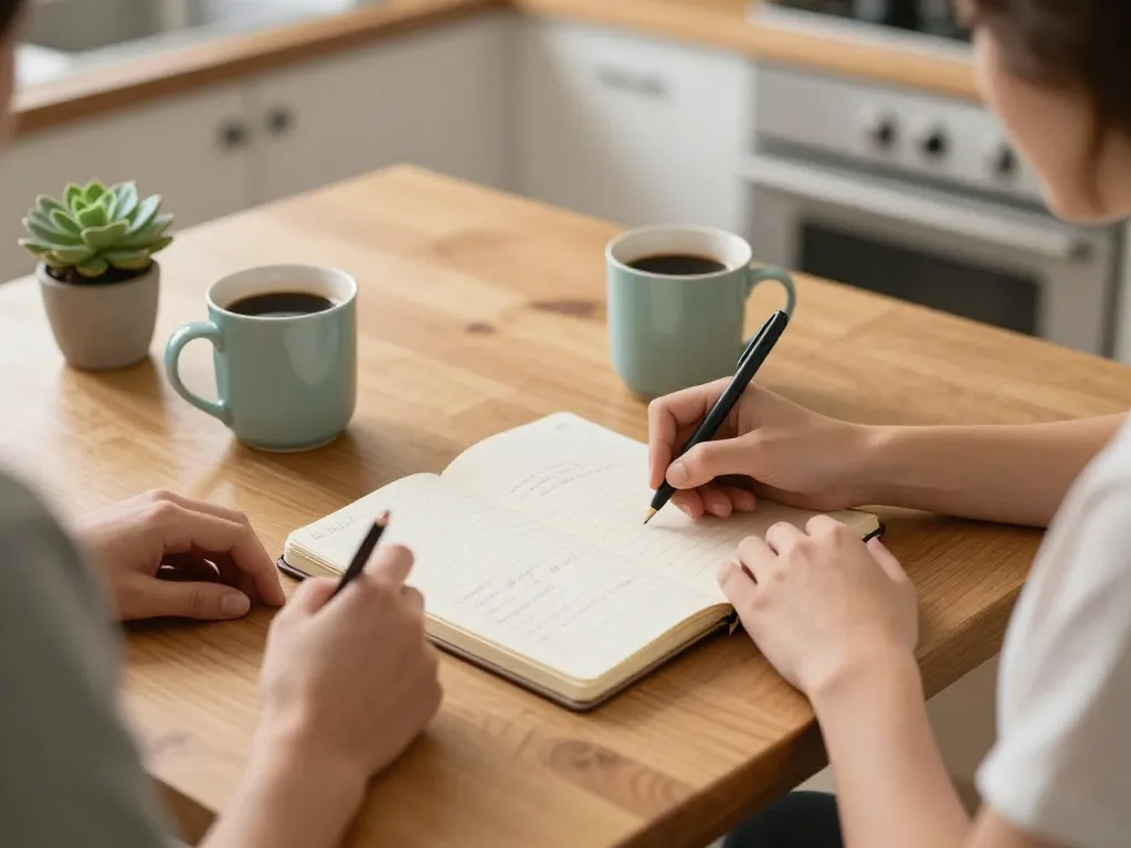 Overhead view of two roommates at a kitchen table during a check-in, with coffee mugs and a notebook with written agreements