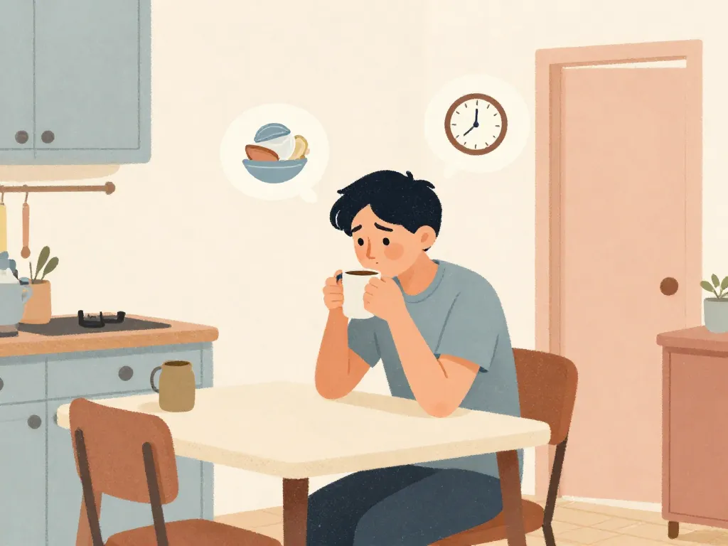 Illustration of a person sitting at a kitchen table thinking about accumulated roommate frustrations shown in thought bubbles