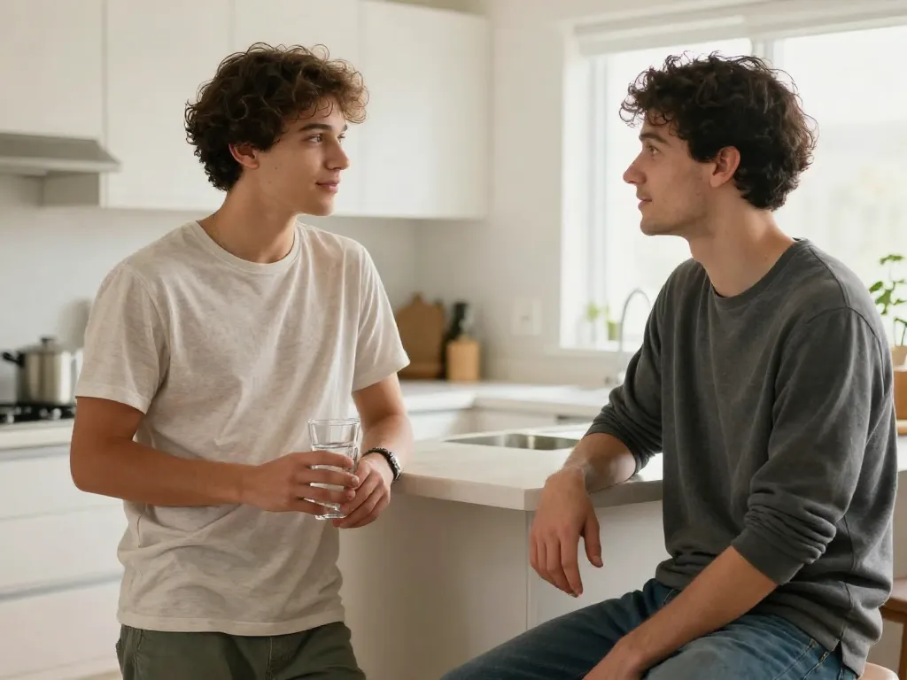 Two roommates having a calm, constructive conversation in a bright, naturally-lit kitchen