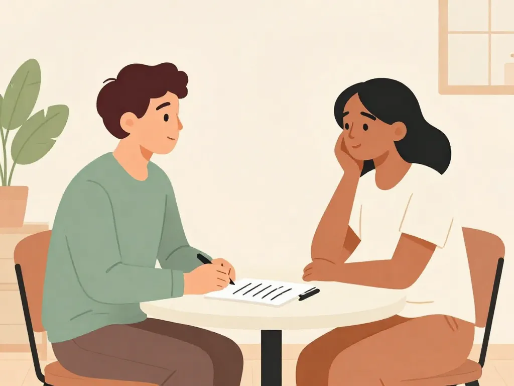 Illustration of two roommates sitting across from each other, one listening attentively while the other speaks, with a notepad between them