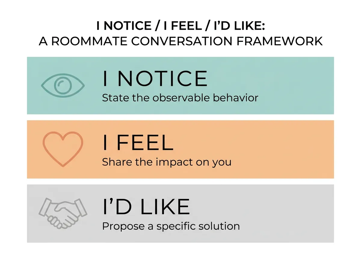 Infographic showing the three-step roommate conversation framework: I Notice, I Feel, I'd Like, with descriptions for each step