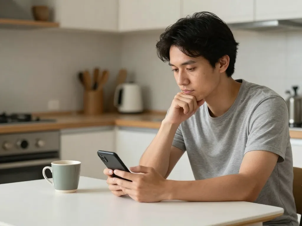 A person thoughtfully composing a text message to their roommate while sitting at a kitchen table