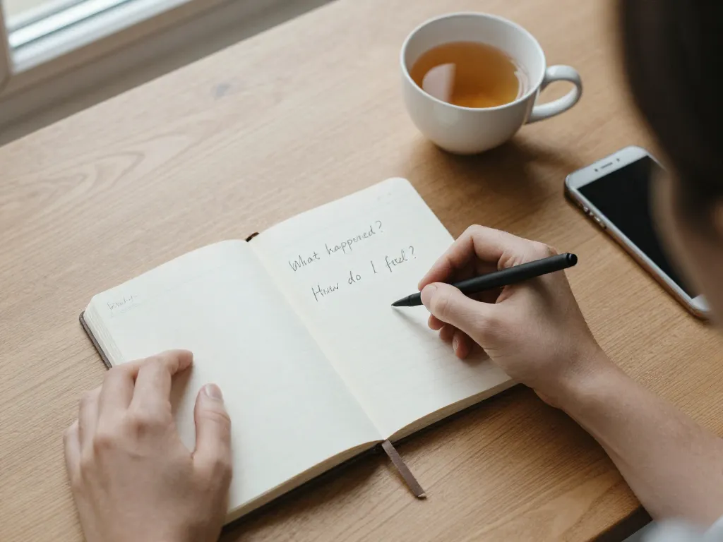 Overhead view of hands journaling three reflection questions in a notebook with a cup of tea nearby