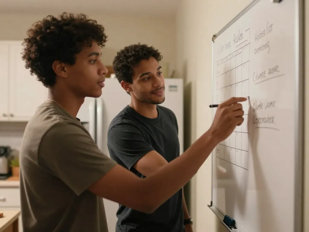 Roommates collaboratively writing down shared house agreements on a whiteboard in their kitchen