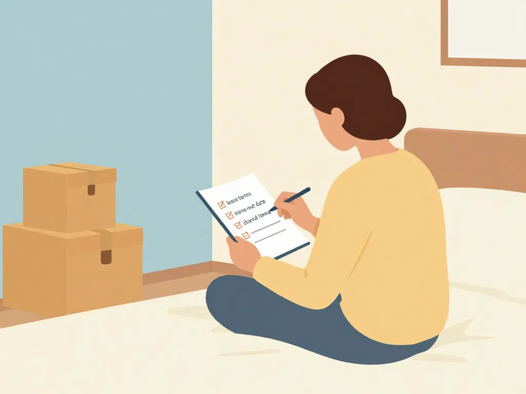 Illustration of a person reviewing a move-out checklist while sitting on their bed with a few boxes nearby