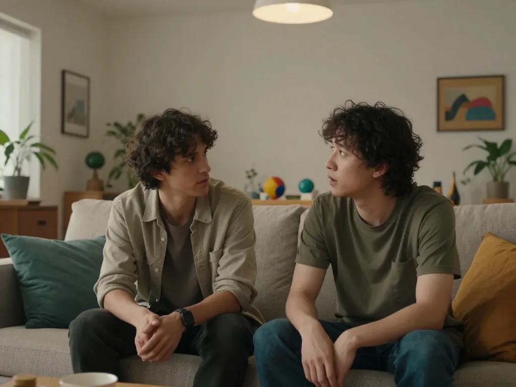 A roommate having a direct conversation about moving out while the other listens thoughtfully on the couch