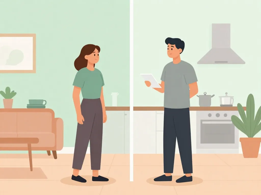 Illustration of two roommates dividing shared household items cooperatively with a written plan