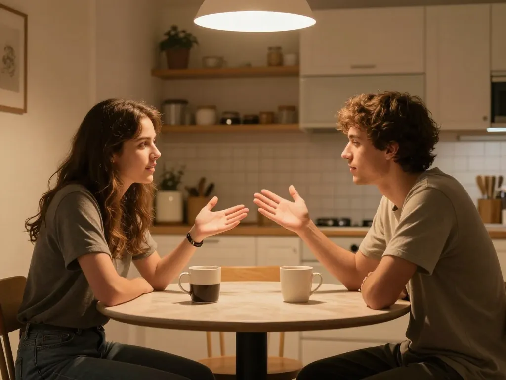 Two roommates having a calm and respectful conversation at their kitchen table over coffee