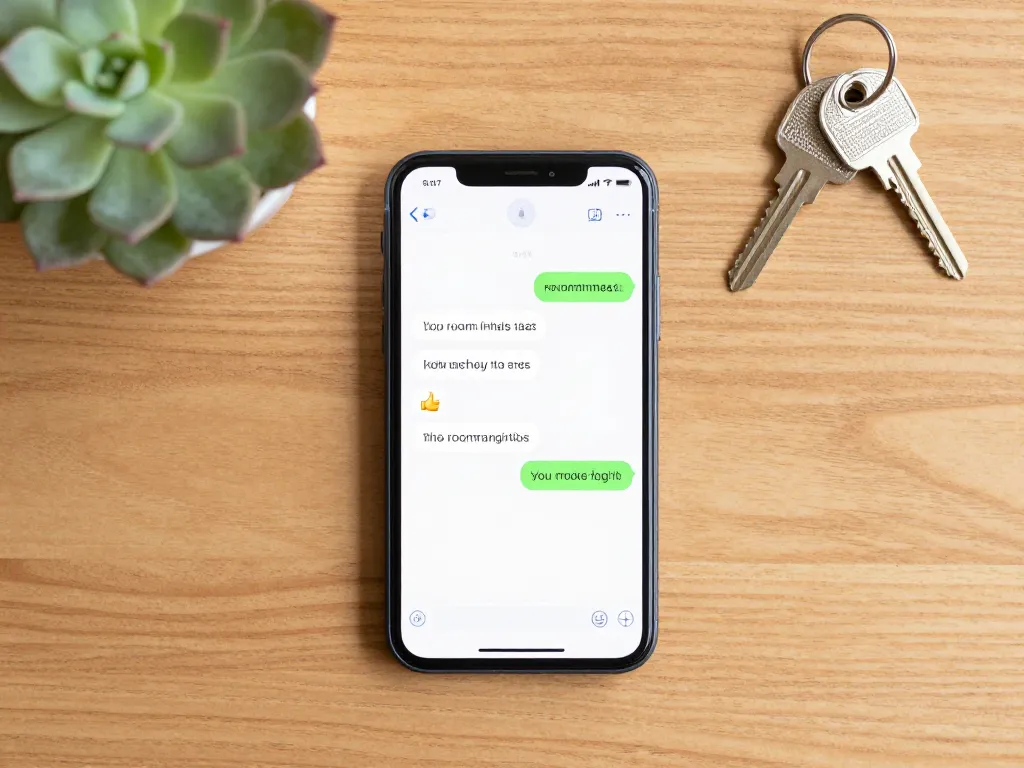 Smartphone on a table showing a friendly text message exchange between roommates confirming a household agreement