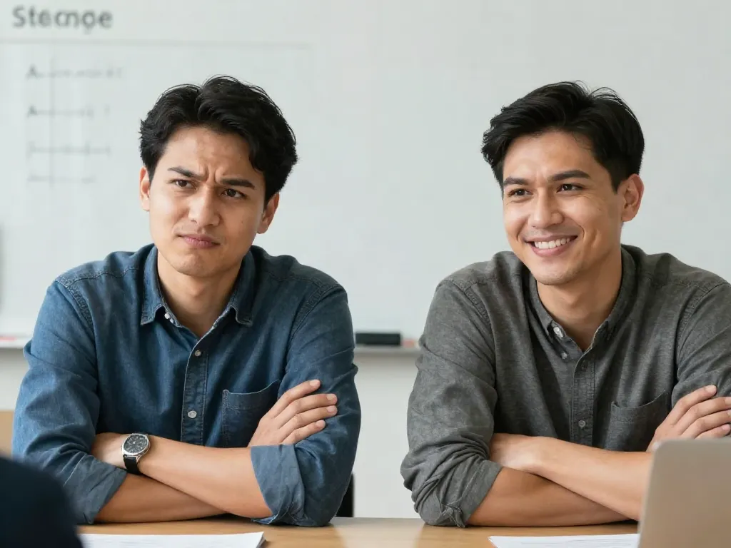 Two cofounders forcing smiles in a meeting while their body language reveals underlying tension and conflict