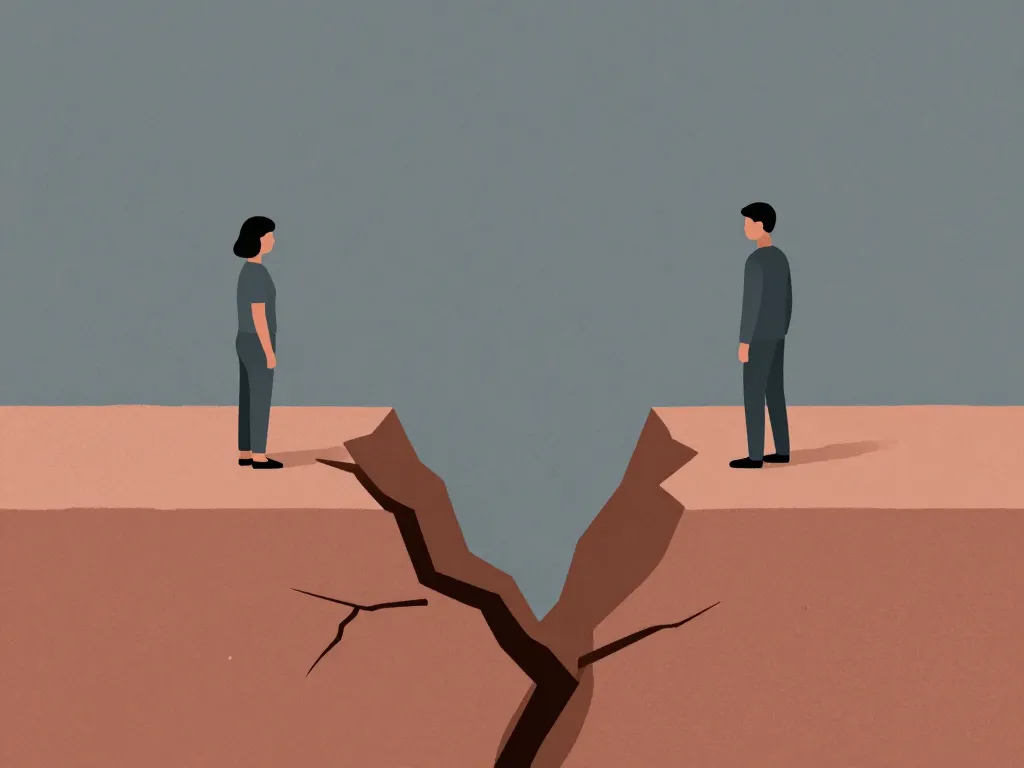 Illustration of two figures separated by a widening crack, representing a cofounder relationship breaking apart beneath the surface