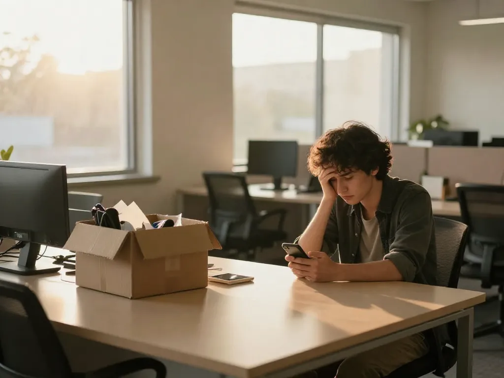 A founder sitting alone in an empty startup office with a box of personal items, conveying the bittersweet moment of leaving their own company