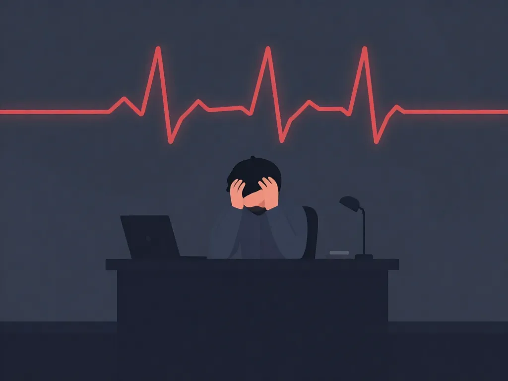 Illustration of a stressed founder at a desk with an elevated heart rate line on the wall behind them