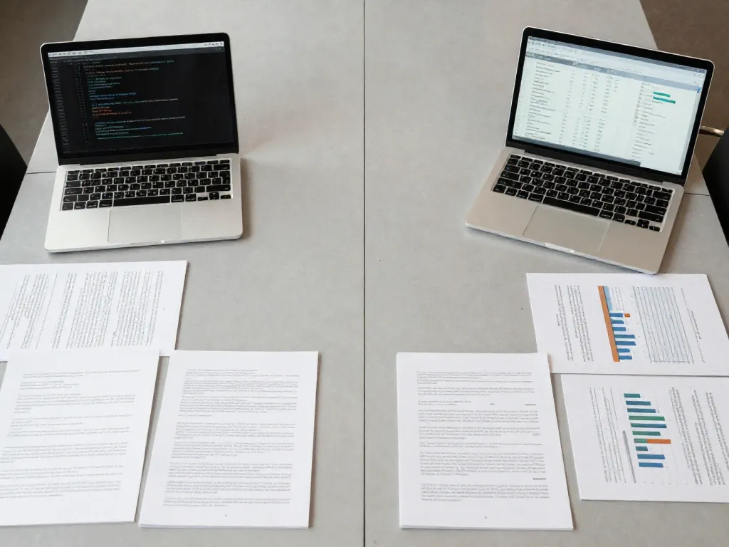 A conference table split down the middle showing two separate work styles representing diverging cofounders