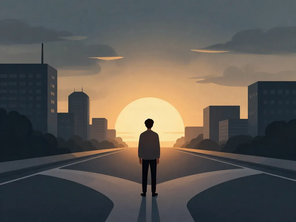 Illustration of a founder standing at a crossroads between a dark stormy past and a hopeful sunrise ahead
