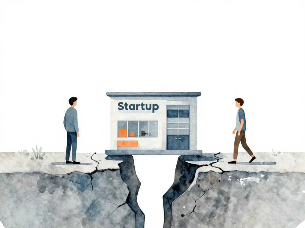 Illustration of two cofounders standing on opposite sides of a widening gap with a startup office between them, symbolizing cofounder conflict