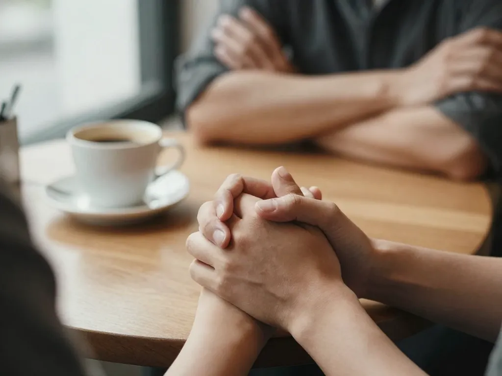 Close-up of tense hands gripping a table edge during a difficult cofounder conversation, with an untouched coffee cup nearby
