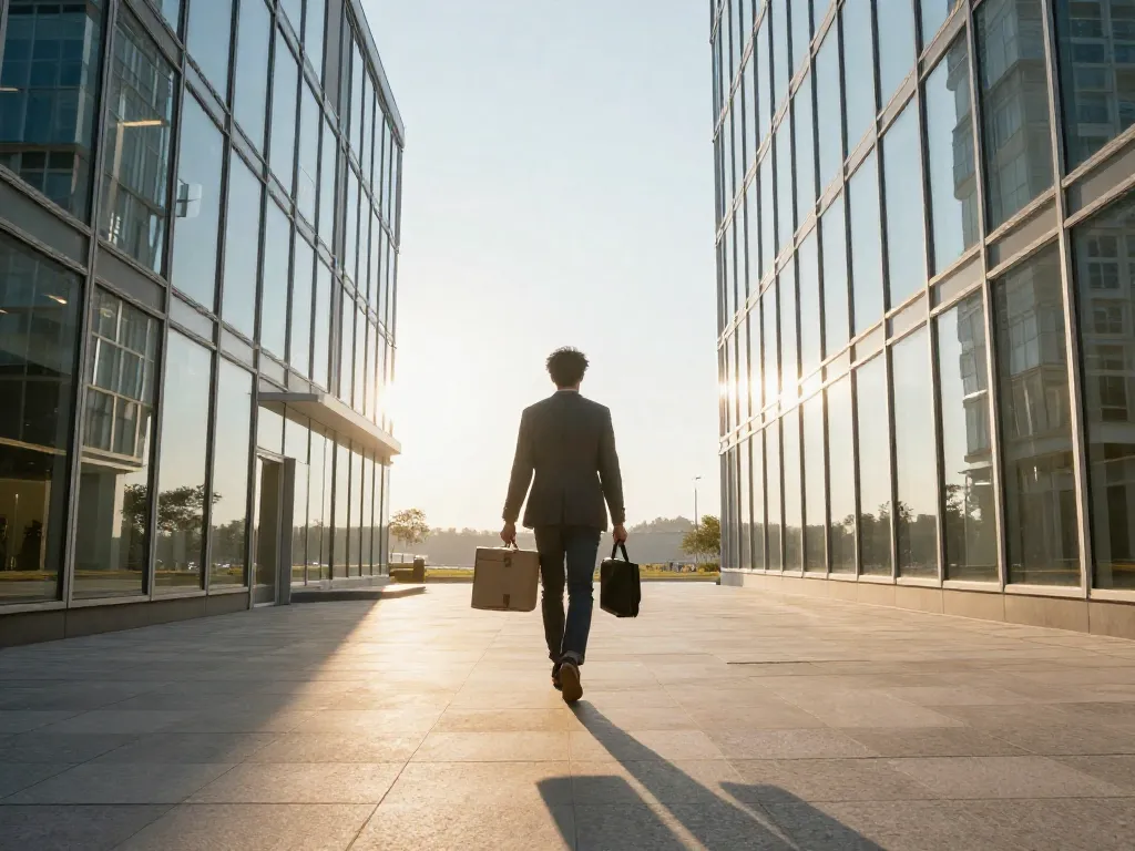 A founder walks away from a startup office building toward a bright open horizon, symbolizing a new beginning after leaving their company