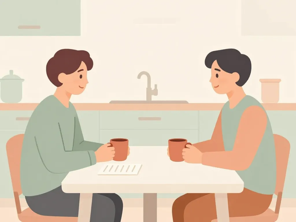 Illustration of a couple calmly discussing and writing down boundary agreements at their kitchen table
