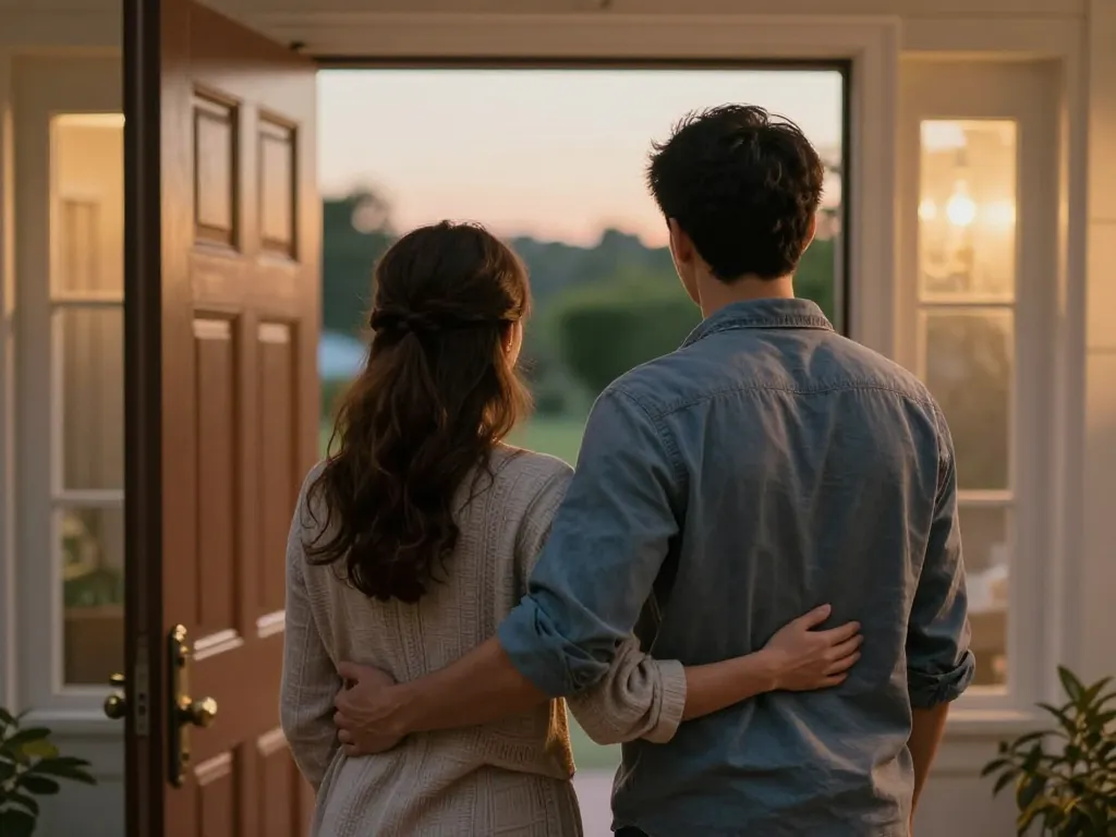 A couple standing together at their front door as a team after a family visit, showing solidarity and support