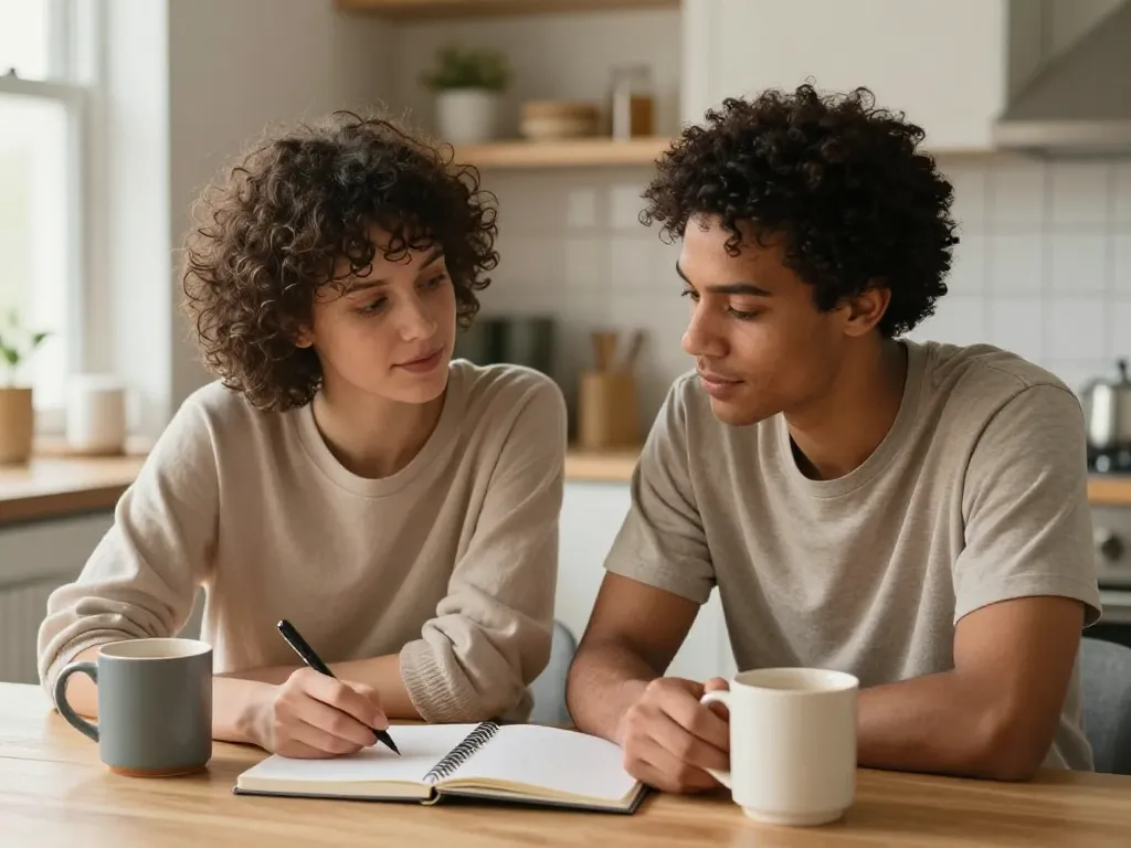 Couple working together at a kitchen table writing out a family engagement plan in a notebook