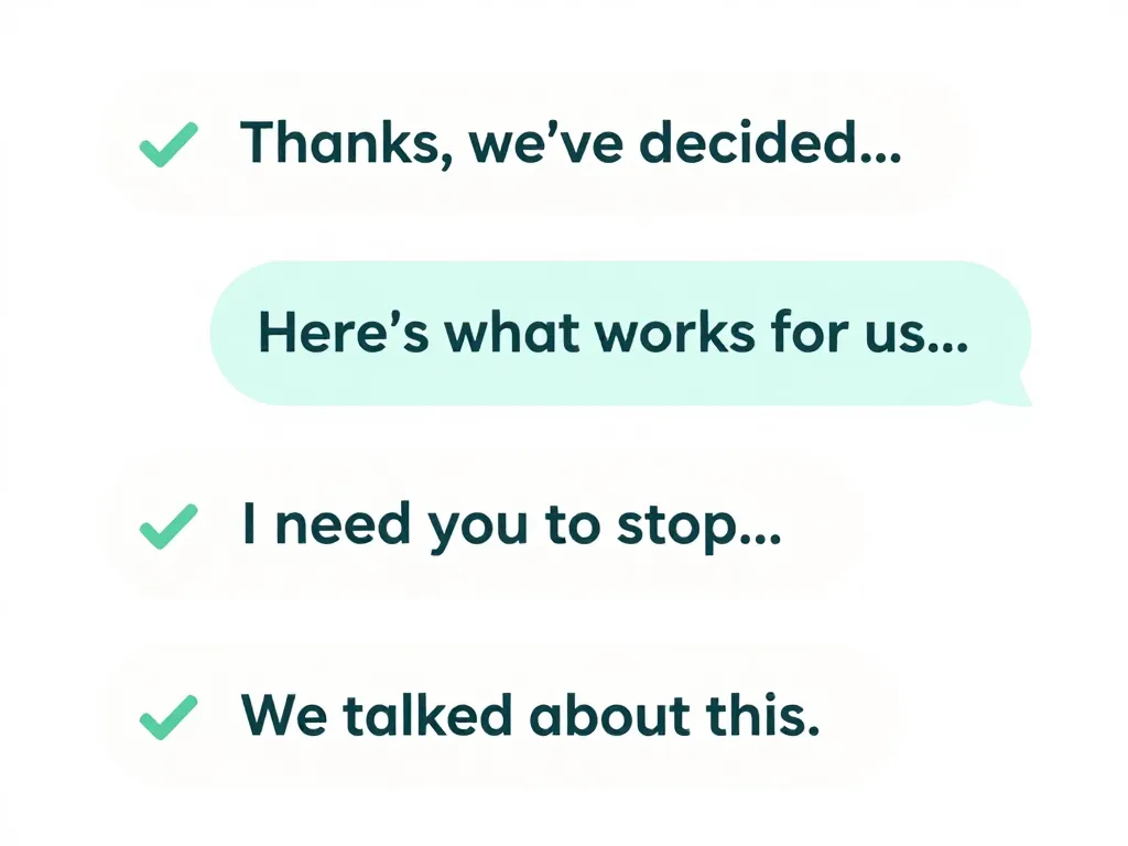 Illustrated speech bubbles showing four key boundary-setting phrases for in-law conversations