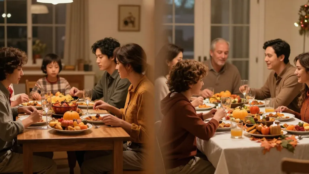 Split view showing two different family holiday dinner gatherings representing the challenge of dividing time between families