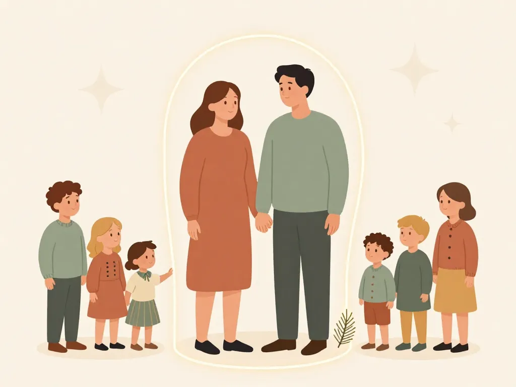 Illustration of a couple standing united in the center with both extended families on either side, separated by a gentle protective boundary