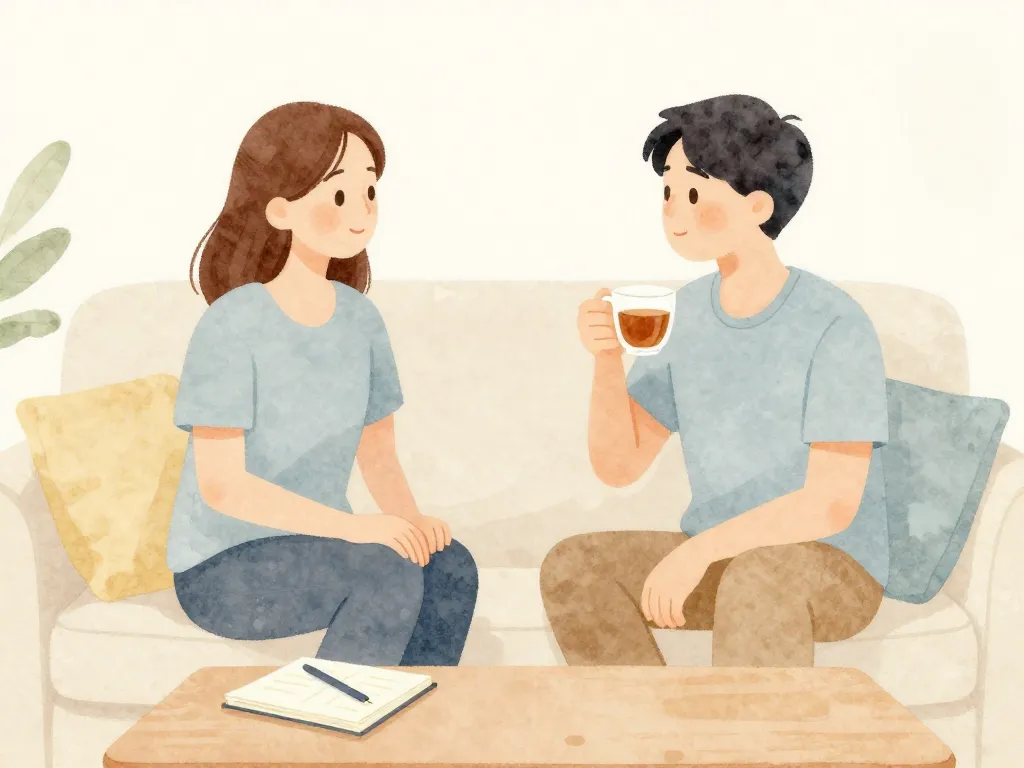 Illustration of a couple having a calm planning conversation together on a couch with a notebook nearby