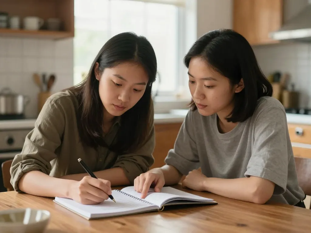 A couple sitting at a kitchen table working together on a written plan, looking focused and cooperative
