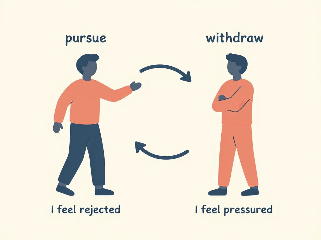 Illustration of the pursue-withdraw cycle showing two partners caught in a loop of rejection and pressure