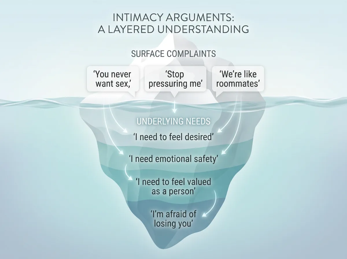 Iceberg diagram showing surface intimacy complaints above water and deeper emotional needs below